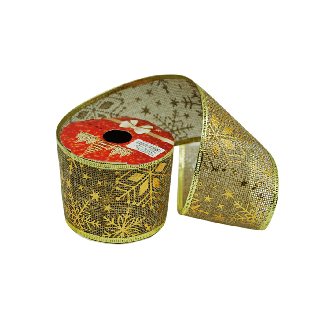 Listón navideño copos metalizados: Rollo de 6.3 cm