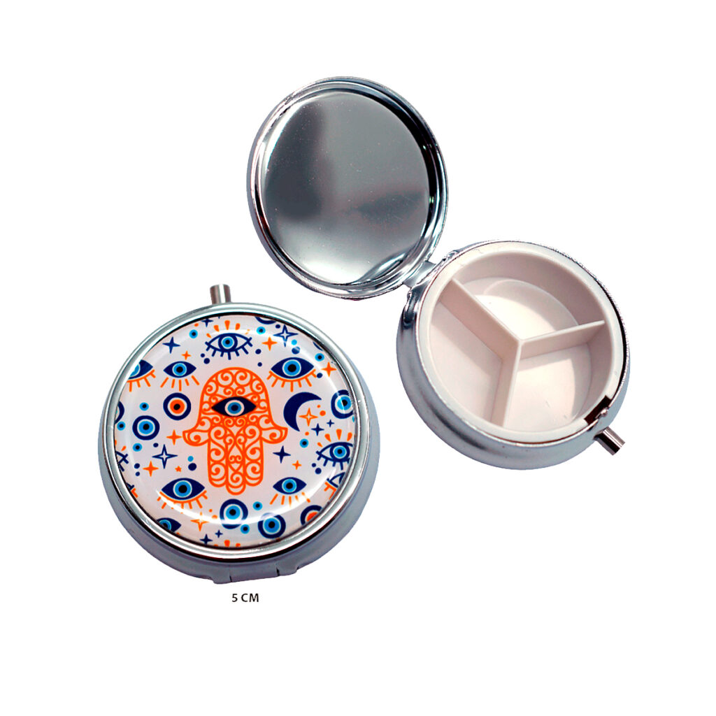 Espejo pastillero de ojo turco con mano de Fátima